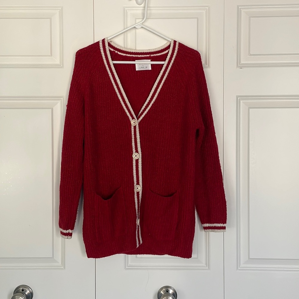 ZARA red and white cardigan